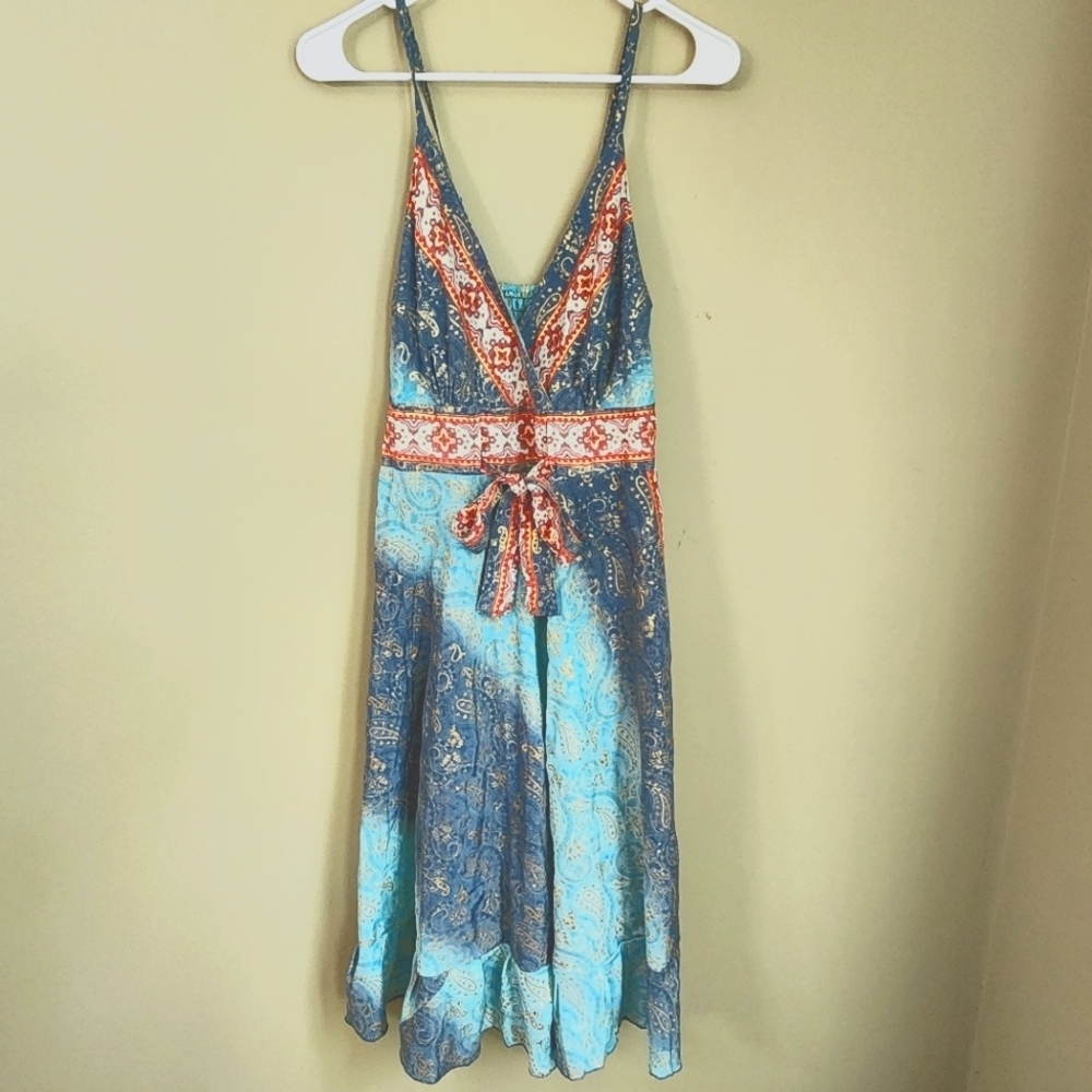 Art Silk Bohemian Blue and Red Sundress Tie Drewstring Waist Shirring Back